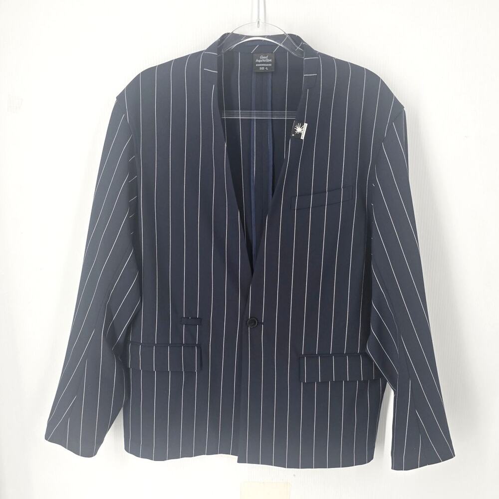 Mihara Yasuhiro Good Inspiration Navy Pinstripe Collarless Blazer Unisex L